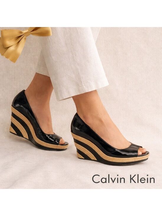 Calvin Klein Shoes - Calvin Klein Navy Patent Leather Heeled Wedge Espadrille Size 8.5